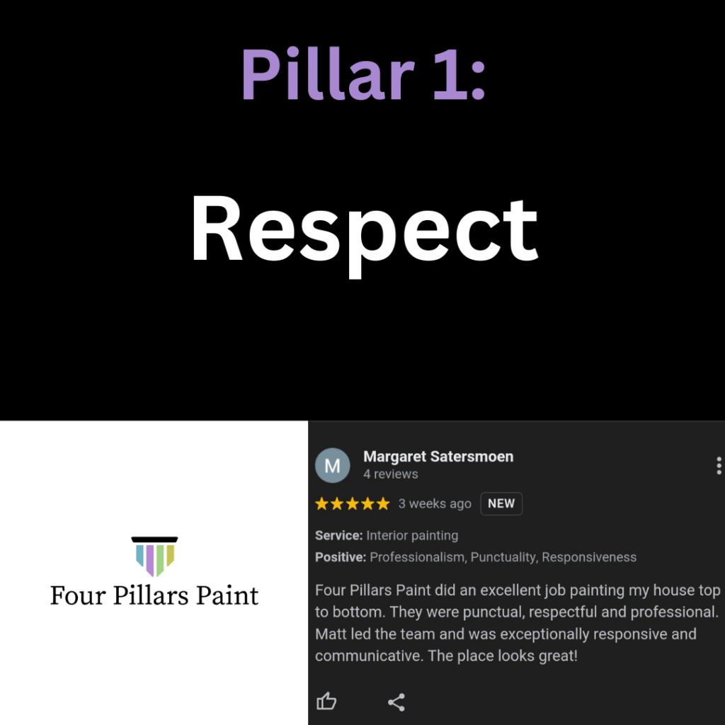 Image shows 4 Pillars Post - Respect, a core value representing respect and review showcasing our painters excellent character in painting project.
